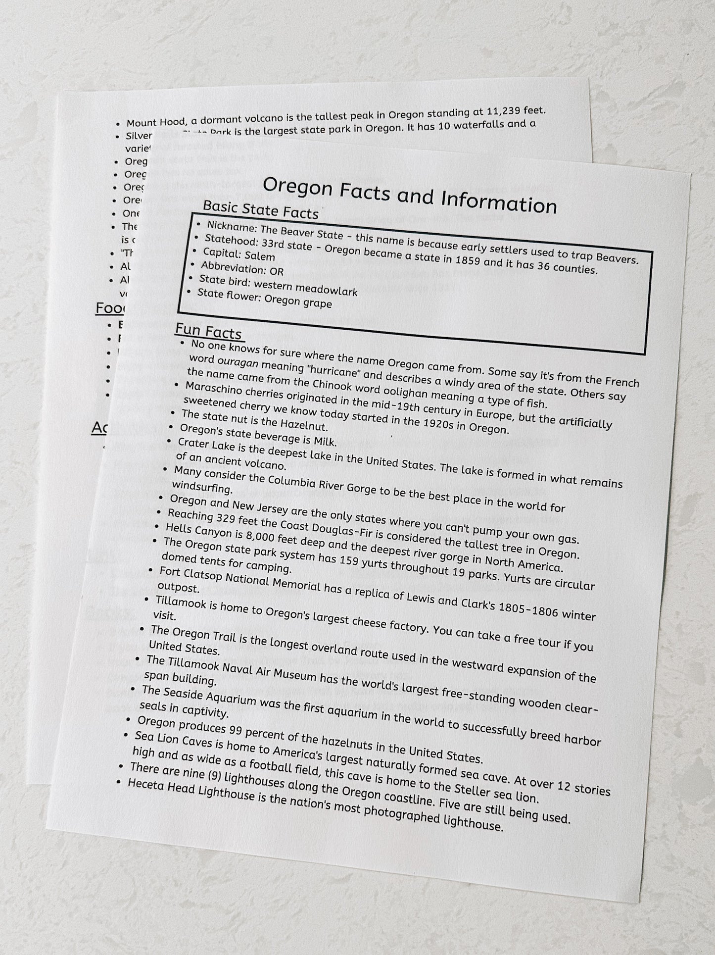 Oregon Worksheets and Unit Study