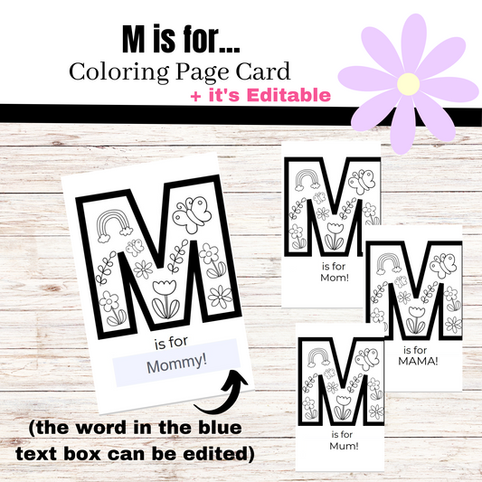 M is for.... Card to Color | Printable Mother's Day Coloring Page Card